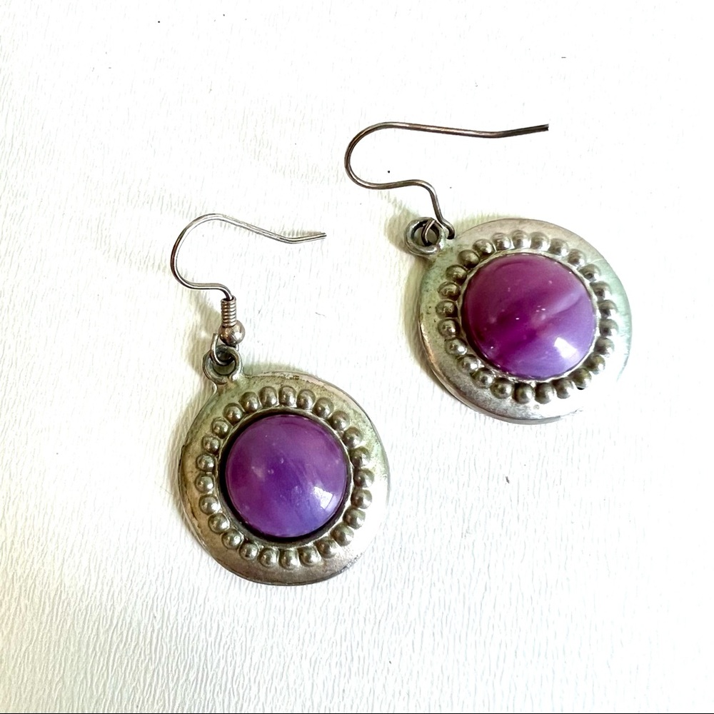Purple earrings Art glass earrings vintage setting Bohemian Earrings